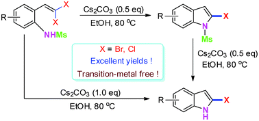 Graphical abstract: The facile synthesis of 2-bromoindoles via Cs2CO3-promoted intramolecular cyclization of 2-(gem-dibromovinyl)anilines under transition-metal-free conditions