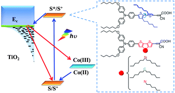Graphical abstract: Joint electrical, photophysical and computational studies on D-π-A dye sensitized solar cells: the impacts of dithiophene rigidification