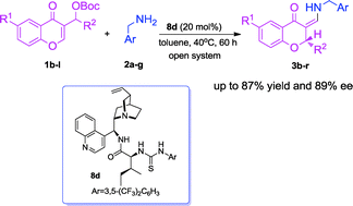 Graphical abstract: Enantioselective tandem reaction of chromone-derived Morita–Baylis–Hillman carbonates with benzylamines catalyzed by a trifunctional organocatalyst: the synthesis of chiral 3-aminomethylene-flavanones