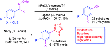 Graphical abstract: Ruthenium-catalyzed intramolecular selective halogenation of O-methylbenzohydroximoyl halides: a new route to halogenated aromatic nitriles