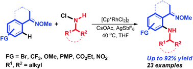 Graphical abstract: [Cp*RhCl2]2-catalyzed ortho-C–H bond amination of acetophenone o-methyloximes with primary N-chloroalkylamines: convenient synthesis of N-alkyl-2-acylanilines