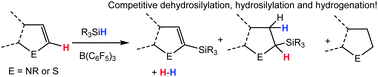 Graphical abstract: E–H (E = R3Si or H) bond activation by B(C6F5)3 and heteroarenes; competitive dehydrosilylation, hydrosilylation and hydrogenation