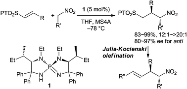 Graphical abstract: Enantioselective formal α-allylation of nitroalkanes through a chiral iminophosphorane-catalyzed Michael reaction–Julia–Kocienski olefination sequence
