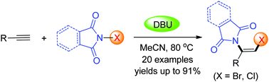 Graphical abstract: Alkyne aminohalogenation enabled by DBU-activated N-haloimides: direct synthesis of halogenated enamines
