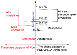 Graphical abstract: The formation and transition behaviors of the mesophase in poly(d-lactide)/poly(l-lactide) blends with low molecular weights