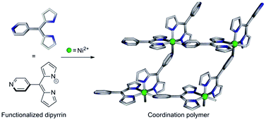 Graphical abstract: Ni(ii) dipyrrin complexes bearing peripheral pyridyl or imidazolyl groups self-assemble into 2- and 3-D coordination polymers