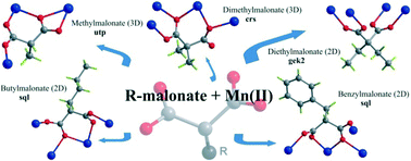 Graphical abstract: Syntheses, crystal structures and magnetic properties of five new manganese(ii) complexes: influence of the conformation of different alkyl/aryl substituted malonate ligands on the crystal packing