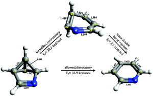 Graphical abstract: Isomerization barriers for the disrotatory and conrotatory isomerizations of 3-aza-benzvalene and 3,4-diaza-benzvalene to pyridine and pyridazine