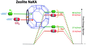 Graphical abstract: Free energy barriers for CO2 and N2 in zeolite NaKA: an ab initio molecular dynamics approach