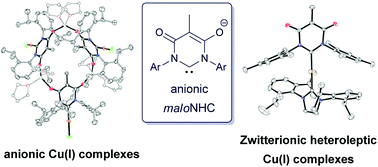 Graphical abstract: Anionic and zwitterionic copper(i) complexes incorporating an anionic N-heterocyclic carbene decorated with a malonate backbone: synthesis, structure and catalytic applications