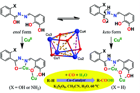 Graphical abstract: Tautomeric effect of hydrazone Schiff bases in tetranuclear Cu(ii) complexes: magnetism and catalytic activity towards mild hydrocarboxylation of alkanes