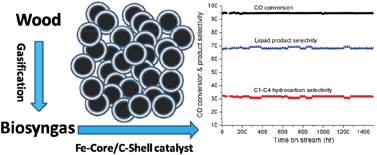 Graphical abstract: Iron nanoparticles in situ encapsulated in biochar-based carbon as an effective catalyst for the conversion of biomass-derived syngas to liquid hydrocarbons