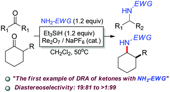 Graphical abstract: Stereoselective direct reductive amination of ketones with electron-deficient amines using Re2O7/NaPF6 catalyst