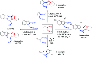 Graphical abstract: Copper catalyzed synthesis of fused benzimidazolopyrazine derivatives via tandem benzimidazole formation/annulation of δ-alkynyl aldehyde