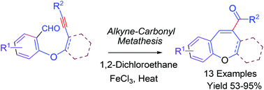 Graphical abstract: FeCl3-catalyzed synthesis of functionally diverse dibenzo[b,f]oxepines and benzo[b]oxepines via alkyne–aldehyde metathesis
