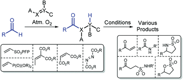 Graphical abstract: Metal-free, hydroacylation of C [[double bond, length as m-dash]] C and N [[double bond, length as m-dash]] N bonds via aerobic C–H activation of aldehydes, and reaction of the products thereof