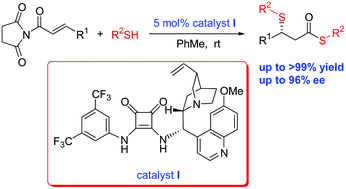 Graphical abstract: Chiral squaramide-catalysed one-pot enantioselective sulfa-Michael addition/thioesterification of thiols with α,β-unsaturated N-acylated succinimides