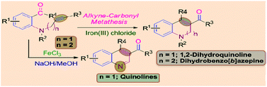 Graphical abstract: Efficient synthesis of functionalized dihydroquinolines, quinolines and dihydrobenzo[b]azepine via an iron(iii) chloride-catalyzed intramolecular alkyne–carbonyl metathesis of alkyne tethered 2-amino benzaldehyde/acetophenone derivatives
