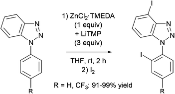 Graphical abstract: Deproto-metallation using a mixed lithium–zinc base and computed CH acidity of 1-aryl 1H-benzotriazoles and 1-aryl 1H-indazoles