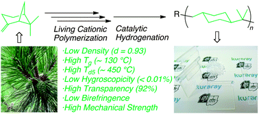 Graphical abstract: Sustainable cycloolefin polymer from pine tree oil for optoelectronics material: living cationic polymerization of β-pinene and catalytic hydrogenation of high-molecular-weight hydrogenated poly(β-pinene)