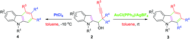 Graphical abstract: Regiocontrolled 1,2-migration in cyclization of 1-(indol-2-yl)-3-alkyn-1-ols: (Ph3P)Au+vs. PtCl4