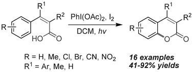 Graphical abstract: Synthesis of coumarins via PIDA/I2-mediated oxidative cyclization of substituted phenylacrylic acids
