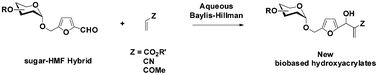 Graphical abstract: HMF derivatives as platform molecules: aqueous Baylis–Hillman reaction of glucosyloxymethyl-furfural towards new biobased acrylates