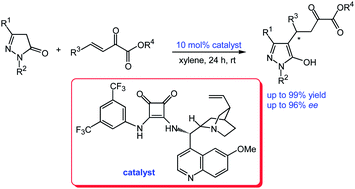 Graphical abstract: Enantioselective synthesis of pyrazolone derivatives catalysed by a chiral squaramide catalyst