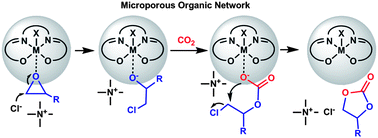 Graphical abstract: Microporous organic networks bearing metal-salen species for mild CO2 fixation to cyclic carbonates