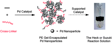 Graphical abstract: A conveniently synthesized polyethylene gel encapsulating palladium nanoparticles as a reusable high-performance catalyst for Heck and Suzuki coupling reactions