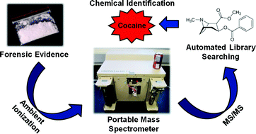 Graphical abstract: Combining a portable, tandem mass spectrometer with automated library searching – an important step towards streamlined, on-site identification of forensic evidence