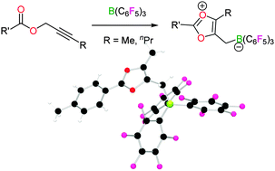 Graphical abstract: B(C6F5)3 promoted cyclisation of internal propargyl esters: structural characterisation of 1,3-dioxolium compounds