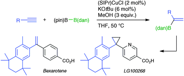 Graphical abstract: A masked diboron in Cu-catalysed borylation reaction: highly regioselective formal hydroboration of alkynes for synthesis of branched alkenylborons