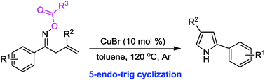Graphical abstract: Copper-catalyzed 5-endo-trig cyclization of ketoxime carboxylates: a facile synthesis of 2-arylpyrroles