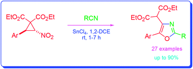 Graphical abstract: Synthesis of 2,4,5-trisubstituted oxazoles through tin(iv) chloride-mediated reaction of trans-2-aryl-3-nitro-cyclopropane-1,1-dicarboxylates with nitriles
