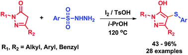 Graphical abstract: p-Toluenesulphonic acid-promoted, I2-catalysed sulphenylation of pyrazolones with aryl sulphonyl hydrazides