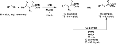Graphical abstract: Substituent controlled reactivity switch: selective synthesis of α-diazoalkylphosphonates or vinylphosphonates via nucleophilic substitution of alkyl bromides with Bestmann–Ohira reagent