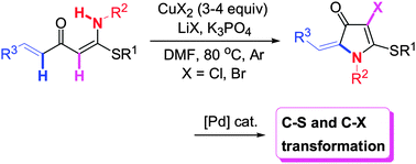 Graphical abstract: Copper-mediated intramolecular oxidative C–H/N–H cross-coupling of α-alkenoyl ketene N,S-acetals to synthesize pyrrolone derivatives
