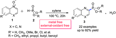 Graphical abstract: Direct regioselective phosphonation of heteroaryl N-oxides with H-phosphonates under metal and external oxidant free conditions