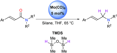 Graphical abstract: Mo(CO)6 catalysed chemoselective hydrosilylation of α,β-unsaturated amides for the formation of allylamines