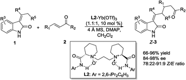 Graphical abstract: Direct asymmetric vinylogous Michael addition of 3-alkylidene oxindoles to chalcones catalyzed by a chiral N,N′-dioxide ytterbium(iii) complex