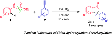 Graphical abstract: Indium-catalyzed, novel route to β,β-disubstituted indanones via tandem Nakamura addition–hydroarylation–decarboxylation sequence