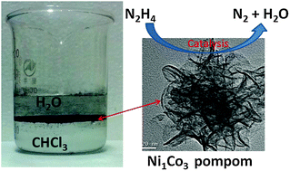 Graphical abstract: Liquid–liquid interface-mediated room-temperature synthesis of amorphous NiCo pompoms from ultrathin nanosheets with high catalytic activity for hydrazine oxidation