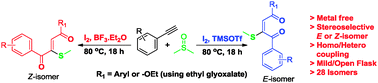 Graphical abstract: C–H functionalization of terminal alkynes towards stereospecific synthesis of (E) or (Z) 2-methylthio-1,4-ene-diones