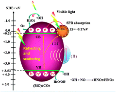 Graphical abstract: Mechanism of visible light photocatalytic NOx oxidation with plasmonic Bi cocatalyst-enhanced (BiO)2CO3 hierarchical microspheres