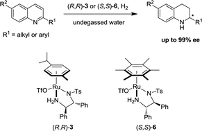 Graphical abstract: Efficient asymmetric hydrogenation of quinolines in neat water catalyzed by chiral cationic Ru-diamine complexes