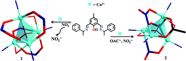 Graphical abstract: Two types of nitrito support for μ4-oxido-bridged [Cu4] complexes: synthesis, crystal structures, magnetic properties and DFT analysis