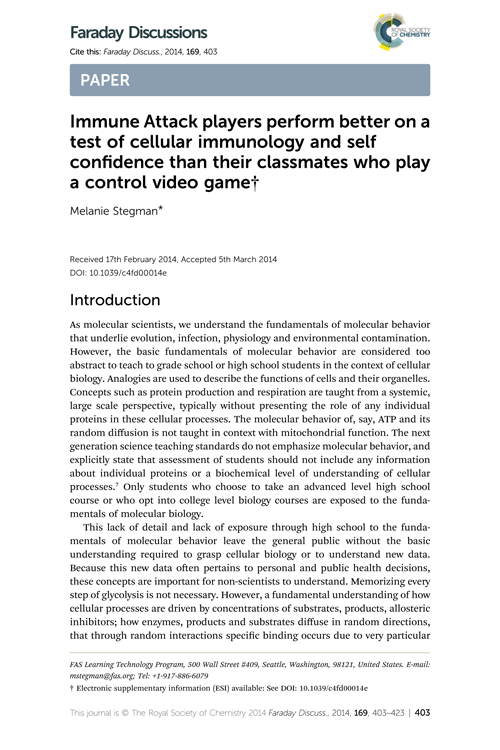 Immune Attack players perform better on a test of cellular immunology and self confidence than their classmates who play a control video game