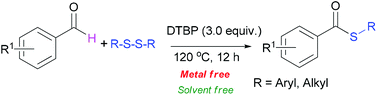 Graphical abstract: Metal-free cross-coupling reaction of aldehydes with disulfides by using DTBP as an oxidant under solvent-free conditions