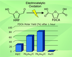 Graphical abstract: Electrocatalytic oxidation of 5-hydroxymethylfurfural to 2,5-furandicarboxylic acid on supported Au and Pd bimetallic nanoparticles